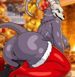 2025 2d 2d_(artwork) anus big_breasts christmas christmas_tree detailed_background fireplace folklore glowing_eyes grey_body heel_boots high_quality highres horns krampus legwear looking_back_at_viewer pussy skull_head spoldier tagme