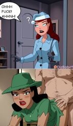 ai_generated ass_grab barbara_gordon batgirl batgirl_(barbara_gordon) batman:_the_animated_series batman_(series) blue_eyes christmas christmas_clothing christmas_hat christmas_outfit comic dc_comics dcau dizbabes doggy_style eavesdropping green_dress green_hat latina lipstick listening_to_sex long_hair makeup minidress multiple_images open_mouth overhearing_sex partial_male question_mark red_hair renee_montoya santa_hat sex sex_from_behind speech_bubble stable_diffusion the_new_batman_adventures