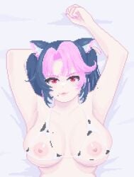 1girls alternate_version_available animal_ears beirock big_breasts blue_hair catgirl cow_print female hispanic_virtual_youtuber hispanic_youtuber latam_virtual_youtuber light-skinned_female light_skin long_hair mole mole_on_breast nipples panther_girl pink_eyes pink_hair pixel_art shura_hiwa two_tone_hair upper_body virtual_youtuber