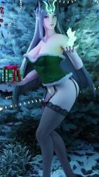 3d 3d_(artwork) absurd_res bare_shoulders black_sclera breasts christmas christmas_clothing christmas_decorations christmas_outfit christmas_present christmas_tree cleavage corrupted corruption crotch_tattoo crown expressionless eye_color_change flame glowing_eyes green_eyes hair_color_change irelia_xan ireliabubblebutt large_breasts league_of_legends league_of_legends:_wild_rift leotard looking_back magic nail_polish pale_skin possessed possession queen royalty ruination ruined_irelia ruined_king_symbol snow thighhighs thighs tree trees very_long_hair viego_(league_of_legends)