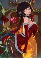 animal_ears aqua_eyes bell black_hair black_pantyhose breasts chimney christmas christmas_tree commentary dress elbow_gloves english_commentary fake_antlers female female_only from_side gloves highres hirosenpai indoors jane_doe_(zenless_zone_zero) large_breasts long_hair looking_at_viewer merry_christmas mouse_ears mouse_girl mouse_tail multicolored_hair neck_bell one_eye_closed pantyhose red_dress red_gloves red_hair santa_costume santa_dress santa_gloves solo tail tongue tongue_out torn_clothes torn_pantyhose two-tone_hair zenless_zone_zero