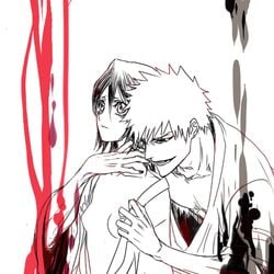 1boy 1girls bleach female hollow_ichigo ichigo_kurosaki imminent_rape kuchiki_rukia lowres monochrome small_breasts zangetsu