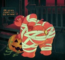anthro apple balls big_butt butt candy candy_apple curled_tail dessert domestic_pig duroc_pig food fruit fur genitals hand_on_butt hi_res hooves livestock_tag male mammal mummy_costume mummy_wrappings obese obese_male ody_(character) overweight overweight_male penis pig plant pumpkin red_body red_fur rigbylaveur solo speech_bubble suid suine sus_(pig) tail