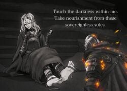 1boy 1girls ashen_one bandaged_arm bandaged_leg barefoot capelet covered_eyes dark_souls dark_souls_3 dress english_dialogue english_text eye_mask feet female fire_keeper foot_fetish foot_focus fromsoftware fully_clothed fully_clothed_female fully_clothed_male grey_hair imminent_footjob knight knight_armor lewdsaiga long_hair mask ornate_clothing sitting soles toes