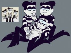2020s 2024 3boys 3males 4_fingers artist_watermark balls beret black_beret black_eyelids black_eyeliner black_eyes black_headwear black_high_heels black_lips black_lipstick black_pants blue_sclera blush_lines boots covering_another's_mouth dexter's_laboratory digital_drawing_(artwork) digital_media_(artwork) eyelashes face_paint flat_chest flat_chested gloved_handjob gloves gray_background grey_background handjob handwear headwear hi_res human human_only laying_down male male/male male/male/male male_only mime mimes_(dexter's_laboratory) not_furry not_furry_focus on_model open_mouth penis penis_vein penis_veins pubic_hair raised_eyebrow reference_image screencap shirt shirt_lift shushing simple_background striped_shirt striped_sweater striped_t-shirt striped_topwear style_imitation sweater sweaty_face threesome topwear unnamed_character veiny_penis vvondermoon white_gloves white_handwear yaoi