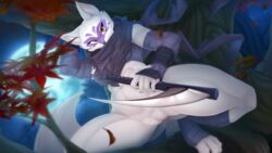 2021 alopex anthro arctic_fox armwear canid canine clothing conditional_dnp digital_media_(artwork) female fox genitals hi_res leaf mammal moon night plant pussy scappo solo teenage_mutant_ninja_turtles tree weapon