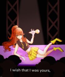 brown_hair clothing english_text female_focus female_only gloves green_eyes langdedrosa laying_down microphone pinup ponytail pop_singer_(rhythm_heaven) rhythm_heaven rhythm_heaven_megamix singer skirt smiling spotlight stage tagme text