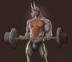 anthro athletic athletic_anthro balls barazoku beard big_penis body_hair bulge canid canid_demon canine canis chest_hair chest_tuft clothing demon exercise facial_hair flaccid fur genital_outline genitals grey_body grey_fur grin gym hairy hellhound hi_res horn leggings legwear male male/male mammal manly muscular penis penis_outline rubber smile smug solo teeth tight_clothing tight_fit tuft weightlifting wolf wolfsecret workout