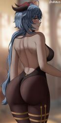 1girls ass backless_outfit blue_hair bodystocking breasts dat_ass female ganyu_(genshin_impact) genshin_impact hi_res horns huge_ass large_breasts long_hair oroborusart purple_eyes savagexthicc thick_thighs