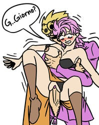 big_dom_small_sub black_panties block_(artist) blush blushing boots breast_grab breast_slip breasts female giorno_giovanna grabbing grabbing_from_behind jojo's_bizarre_adventure lifting_person male midriff midriff_peek nipple nipples one_breast_out pale-skinned_female pale_skin panties panties_aside penis pink_hair pink_jacket pussy sex shaded_face shocked size_difference skirt small_sub small_sub_big_dom smaller_female speech_bubble submissive_female surprised thighs trish_una vaginal_penetration veins vento_aureo zipper