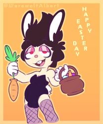 1boy albert_(werewolf_albert) basket big_teeth black_and_white_fur black_ears black_hair bulge bunnysuit buttplug carrot carrot_dildo dildo_in_hand easter easter_bunny easter_egg easter_eggs eggs eyelashes eyes_half_open femboy furry gloves grabbing_object gradient_background half-human hips humanoid male male_only open_mouth orange_background rabbit rabbit_ears rabbit_humanoid rabbit_tail rabbit_teeth red_eyes round_belly round_nose shortstack smile smiling soft_color solo thick thighhighs toony tummy werewolf_albert white_gloves white_skin white_tail