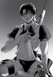 2boys _xp_d abs attack_on_titan bow bulge erect_penis erection garter_straps gay gun levi levi_ackerman maid maid_outfit maid_uniform male male/male nipples penis_bulge shingeki_no_kyojin sitting_on_lap underwear yaoi