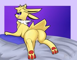 absurd_res ass bed bodily_fluids eeveelution female feral furniture genital_fluids genitals hi_res in_heat jolteon nintendo on_bed pawpads paws pokémon_(species) pokemon pussy pussy_juice smug solo solo_focus video_games yirck