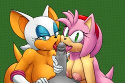 1boy 2girls absurd_res amy_rose anthro_on_human big_breasts collaborative_fellatio digital_media_(artwork) double_fellatio erect_penis erection eye_shadow eyelashes eyeshadow fellatio gloves gloves_only heart-shaped_pupils heart_eyes hi_res human human_male human_on_anthro jammiez multiple_girls offscreen_character offscreen_male pink_fur pink_hair pov rouge_the_bat saliva saliva_on_penis simple_background sonic_(series) sonic_the_hedgehog_(series) soubriquetrouge sweat sweatdrop sweating teamwork tongue white_fur white_hair