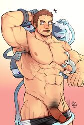 1boy abs arm_up armpit_hair assisted_exposure bara blush brown_hair bulge cowboy_shot erection facial_hair flexing grabbing gunzo_(tokyo_afterschool_summoners) highres large_pectorals male_focus male_only male_pubic_hair male_underwear motion_lines muscular muscular_male nipples nude p2yong pantsing pectoral_grab pectorals pose pubic_hair pulled_by_another scar shaving solo spirit stomach thick_eyebrows thick_thighs thighs tokyo_afterschool_summoners tokyo_houkago_summoners uncensored underwear underwear_only underwear_pull