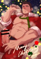 1boy abs absurdres ahrstudio bar_censor bara bare_pecs bare_pectorals blush censored christmas cowboy_shot erection facial_hair from_below fur-trimmed_jacket fur_trim highres jacket large_pectorals looking_at_viewer male_focus mature_male merry_christmas muscular muscular_male navel navel_hair necktie necktie_removed nipples open_clothes open_jacket original pants penis penis_grab precum red_jacket red_pants santa_costume short_hair sideburns sleeves_rolled_up solo stomach stubble thick_thighs thighs veins veiny_penis