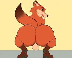 1boy anthro ass balls big_butt bubble_butt canid canine disney feet fox fur genitals green_eyes gypsy_king_(artist) hi_res huge_butt hyper hyper_butt looking_at_viewer looking_back male male_only mammal nick_wilde nude orange_body orange_fur simple_background smile solo tongue tongue_out zootopia