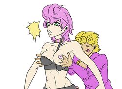 belly block_(artist) breast_grab closed_eyes female_focus giorno_giovanna green_eyes groping happy imminent_sex jojo's_bizarre_adventure midriff motion_blur motion_lines navel one_breast_out open_mouth pale-skinned_female pale_skin pink_hair simple_background stomach surprised tongue_out trish_una vento_aureo yellow_hair