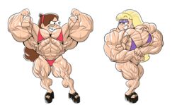 2girls abs androgynous bangs biceps bikini blonde_hair braces disney disney_channel extreme_muscles eyeshadow flexing gravity_falls grin guitartist03 hyper hyper_muscles long_hair mabel_pines muscular_female pacifica_northwest pecs pectorals platform_footwear simple_background straight_hair veins white_background