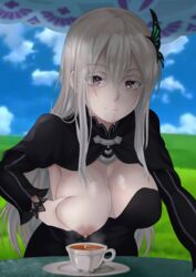 bangs black_capelet black_dress blue_sky bodily_fluids breast_grab breast_squeeze breasts breasts_out butterfly_hair_ornament capelet closed_mouth cloud conray cup dress echidna_(re:zero) female grabbing hair_between_eyes hair_ornament hair_over_shoulder lactating_into_cup large_breasts long_hair looking_at_viewer milk milking nipples one_breast_out purple_eyes re:zero_kara_hajimeru_isekai_seikatsu shiny_skin silver_hair sky smile solo_focus striped table teacup vertical-striped_dress vertical_stripes white_eyelashes