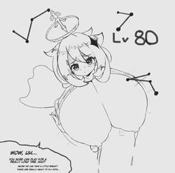 1girls alternate_breast_size big_breasts breast_expansion breasts breasts_out cute genshin_impact huge_breasts kazuya_zoey lactation looking_at_viewer milk nipples paimon_(genshin_impact) solo solo_female speech_bubble tagme talking_to_viewer