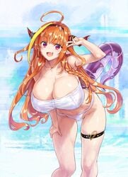 big_breasts braided_hair holoforce hololive hololive_japan horns kiryu_coco kiyama_satoshi leaning_forward long_hair orange_hair orange_peels pointed_ears swimsuit tail virtual_youtuber youtube