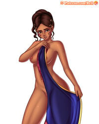 1girls ass breasts brown_eyes brown_hair brown_skin dark-skinned_female dark_skin female hair hair_ornament indian magic_the_gathering nipples partially_clothed reit saheeli_rai shiny_skin smile