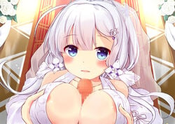 1boy areola_slip areolae azur_lane bare_shoulders breast_squeeze breasts bridal_veil censored cleavage clip_studio_paint_(medium) dress eyebrows_visible_through_hair female flower halter_dress halterneck illustrious_(azur_lane) illustrious_(morning_star_of_love_and_hope)_(azur_lane) indoors large_breasts long_hair looking_at_viewer mole mole_under_eye mosaic_censoring official_alternate_costume paizuri penis rose sleeveless sleeveless_dress sou_(soutennkouchi) straight veil wedding_dress white_dress white_flower white_rose