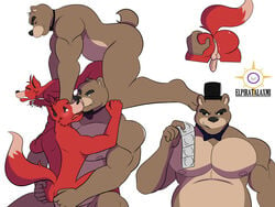 2021 2boys animatronic anthro anus ass backsack balls bear big_ass black_nose blue_eyes brown_body brown_fur bubble_butt butt condom cum_in_ass cum_inside cum_on_anus cum_on_balls elpiratalaxmi five_nights_at_freddy's fox foxy_(fnaf) freddy_(fnaf) fur gay grabbing_ass grabbing_partner hi_res holding_condom long_tail looking_down looking_up male_only nipples on_bed on_floor open_mouth penis red_body red_eyes red_fur sex short_hair simple_background sitting sitting_on_penis size_difference smile smiling tail tongue top_hat white_background white_eyes