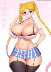 1girls belly belly_button big_breasts bishoujo_senshi_sailor_moon blonde_hair blue_eyes blush bra bra_cups_sticking_out bursting_breasts cleavage clothing curvy cute double_bun female_only front-tie_top hands_on_hips happy hourglass hourglass_figure huge_breasts kainkout large_breasts long_hair pigtails short_skirt skirt smile solo solo_female stockings thick thick_thighs thighhighs thin thin_waist tiny_skirt translation_request unbuttoned unbuttoned_shirt usagi_tsukino voluptuous wide_hips