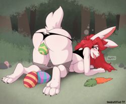 absurd_res anthro bodily_fluids carrot clothing drooling easter easter_egg egg egg_laying female food forest genital_fluids genitals hi_res holidays lagomorph leporid mammal orgasm_face plant pussy pussy_juice rabbit ruby_(unidentified-tf) saliva solo tongue tongue_out torn_clothing tree unidentified-tf vegetable