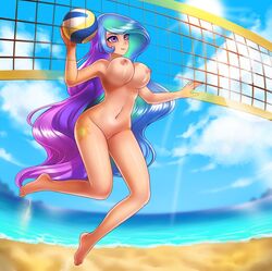 areolae barefoot beach breasts cutie_mark human humanized jump jumping multicolored_hair my_little_pony naked nipples not_furry nude princess_celestia_(mlp) pussy racoonkun smile smooth_skin underboob volleyball