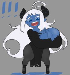 ! !! !!! big_breasts black_dress black_high_heels black_horn black_horns blue_eyes blue_skin cleavage dress fangs grey_legwear high_heels horn horns huge_breasts long_hair open_mouth shortstack small_but_busty striped_horn striped_horns thick_thighs vammzu white_hair wide_hips