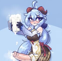 1futa ahoge animal_genitalia animal_genitalia_on_humanoid animal_penis balls blue_hair blush breasts clothed clothing cum cum_in_container cum_in_cup detached_sleeves erection erection_under_clothes fat_cock futa_only futanari ganyu_(genshin_impact) genshin_impact gloves horns horsecock horsecock_on_humanoid huge_cock humanoid hyper hyper_penis intersex limebreaker mostly_clothed pale_skin penis solo standing testicles wide_hips
