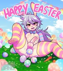 1boy anal anal_beads anal_insertion anal_juice artist_name big_penis bowtie bunny_ears cum easter easter_egg egg_laying feet femboy gay genshin_impact girly gray_hair hair_between_eyes long_hair male nipples no_shoes nude open_mouth outdoors razor_(character) razor_(genshin_impact) red_eyes reverse_bunnysuit scar stockings striped_legwear sweat thick_thighs thighhighs trap uggu_bang yaoi