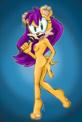 5_fingers anthro archie_comics breasts chinry eyelashes fangs feet female fingers hair holding_object long_ears looking_at_viewer microphone mina_mongoose mongoose nude purple_hair sonic_(series) sonic_the_hedgehog_(archie) sonic_the_hedgehog_(comics) tan_body yellow_body