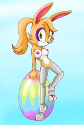 anthro archie_comics blonde_hair breasts bunnie_rabbot chinry cyborg easter easter_egg egg eyelashes eyeshadow green_eyes lagomorph long_ears looking_at_viewer nipples pink_inner_ear pink_nipples ponytail rabbit sonic_(series) sonic_the_hedgehog_(archie) sonic_the_hedgehog_(comics) white_body yellow_body