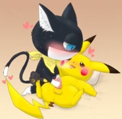 2boys anthro anus balls blue_eyes blush feline fur furry furry_only game_freak gay heart male male_only masturbation morgana_(persona) namoke nintendo penis persona persona_5 pikachu pokémon_(species) pokemon sweat tail tongue_out yaoi