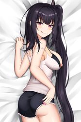 1girls architect_(girls'_frontline) areolae ass back barettoarts black_hair blush breasts cameltoe dakimakura_design eyebrows_visible_through_hair female female_only girls'_frontline hair_between_eyes highres long_hair looking_at_viewer looking_back lying nail_polish nipples on_stomach pink_eyes pink_nails shorts side_ponytail sideboob smile solo striped tank_top thighs tongue tongue_out very_long_hair