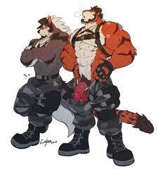 2021 2boys 5_fingers anthro arm_tuft balls beard big_muscles black_body black_claws black_fur bodily_fluids boots bottomwear brown_body brown_fur brown_hair bulge canid canine canis claws clothed clothing crossed_arms dog_tags drks duo elbow_tufts facial_hair felid fingerless_gloves fingers flaccid footwear fur gay genital_fluids genitals gloves grey_body grey_fur hair handwear hat headgear headwear holster hulooo humanoid_hands male male/male male_only mammal multicolored_hair muscular muscular_anthro muscular_male nightterror nipples open_bottomwear open_clothing open_pants orange_body orange_fur pantherine pants penile_spines penis pink_nipples pink_penis plantigrade precum pubes scar shirt simple_background standing striped_body striped_fur stripes sweat tank_top tenting tiger topless topwear tuft two_tone_hair vein veiny_muscles veiny_penis white_background white_body white_fur white_hair wolf yaoi