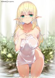 bangs bath bathing blonde_hair blush cleavage collarbone elf female_only forest green_eyes hong_(white_spider) horny large_breasts long_hair looking_at_viewer naked_towel only_female original outdoors outside pointy_ears smile solo towel wading water wet