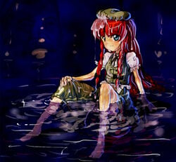 blue_eyes covered_in_cum cum cum_in_hair cum_on_body cum_on_face dress eyebrows_visible_through_hair hat hokuyoo hong_meiling joseph_stalin long_hair looking_at_viewer red_hair serious sitting_in_water touhou twin_braids water