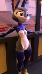 3d 3d_(artwork) 9:16 anthro breasts casual_nudity clothing digital_media_(artwork) disney ear_piercing female fur genitals hi_res judy_hopps lagomorph leporid mammal nipple_piercing nipples piercing pochemu rabbit rear_view rubber small_breasts solo stockings text text_on_clothing text_on_topwear topwear translucent uniform zootopia