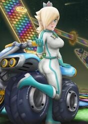 1girls artist_signature ass big_breasts bike_outfit_(mario_kart) blonde_hair blue_eyes bodysuit boots breasts crafted_lightning crown earrings female female_only hair_over_one_eye long_hair mario_(series) mario_kart night nintendo princess_rosalina racing_suit rainbow_road scarf solo star_earrings vehicle