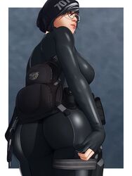 1girls aethosart areolae ass back background black blue border breasts chubby dokkaebi_(rainbow_six) eyes female female_only glasses grey hair hat hips nails rainbow_six rainbow_six_siege sideboob solo standing thick thighs white wide_hips