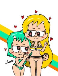 2girls alternate_version_available bikini cute exposed_pussy genderbend genderswap green_hair hairclip heart-shaped_pupils juanila_(writers_crusaders) long_hair mitchelline_(writers_crusaders) multiple_girls naughty_face navel original_characters ponytail pussy seductive seductive_look seductive_smile simple_background skirt_lift swimsuit wcjuan writers_crusaders yellow_hair yuri