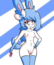 2021 anthro anthrofied bedroom_eyes blue_hair breasts condom eeveelution female fur furry furry_only genitals jasmine_(jaspixie) mammal mintyspirit narrowed_eyes nintendo nipples nude pokémon_(species) pokemon pussy red_eyes seductive sexual_barrier_device shiny_pokémon simple_background small_breasts smile solo sylveon tail thick_thighs thighhighs white_fur