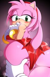 1girls 2021 absurdres amy_rose anthro ass ass_grab blush bracelet duo eulipotyphlan female furry gloves green_eyes handwear hedgehog highres iryanic jewelry looking_back mammal open_mouth pink_body pink_hair rear_view sega solo_focus sonic_(series) standing tongue