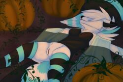 2018 anthro biped black_clothing blue_hair canid canine canis chillyphillix clothed clothing corpse costume death detailed_background digital_media_(artwork) female female_death food fruit fur hair legwear lying mammal on_back outside plant pumpkin solo thigh_highs topless topwear white_body white_fur white_hair wolf