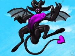 4:3 animal_genitalia animal_penis anthro balls big_balls big_ears big_penis bodily_fluids corinoch corinoch_(artist) demon equine_penis flying genital_fluids genitals heart_tail hi_res hooves huge_balls huge_cock hyper hyper_balls hyper_genitalia hyper_penis imp male multi_eye penis perspective precum precum_string presenting presenting_penis solo spade_tail wings